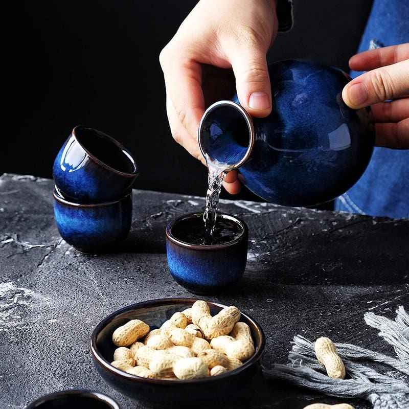 Bento Sake Set | Handgemaakt Keramiek, Indigo Blauw - 5-delig