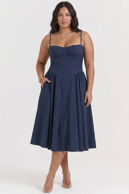Elegant Midi Dress for Women Corset Fit-Flare Sweetheart-Neckline