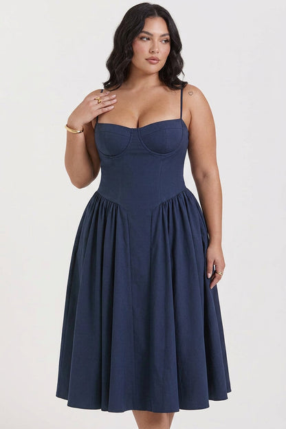 Elegant Midi Dress for Women Corset Fit-Flare Sweetheart-Neckline
