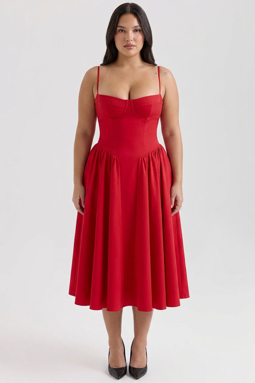 Elegant Midi Dress for Women Corset Fit-Flare Sweetheart-Neckline