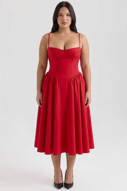 Elegant Midi Dress for Women Corset Fit-Flare Sweetheart-Neckline