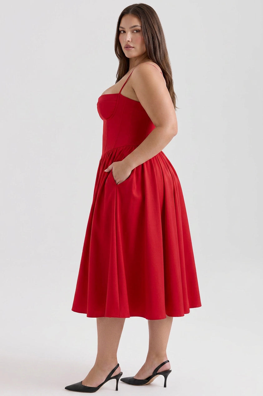 Elegant Midi Dress for Women Corset Fit-Flare Sweetheart-Neckline