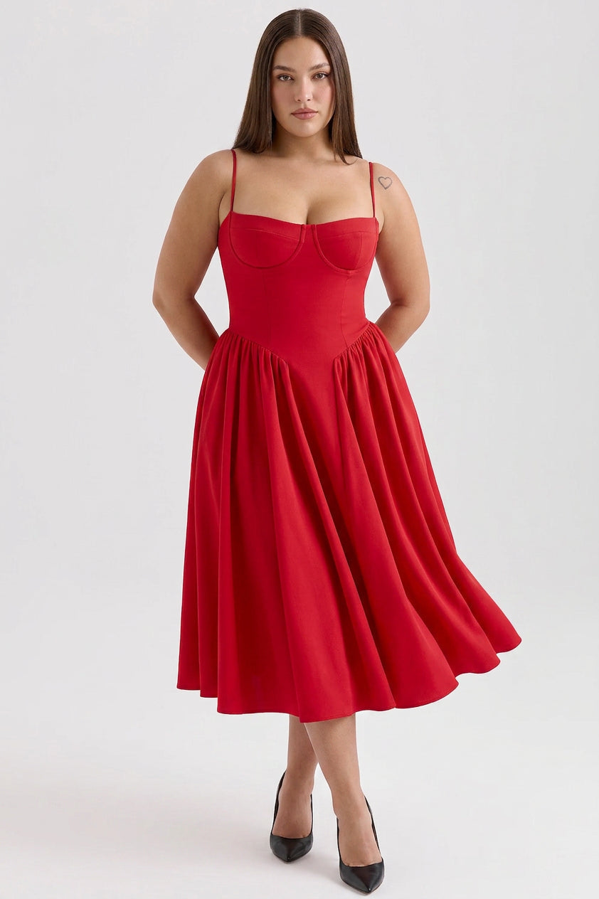 Elegant Midi Dress for Women Corset Fit-Flare Sweetheart-Neckline