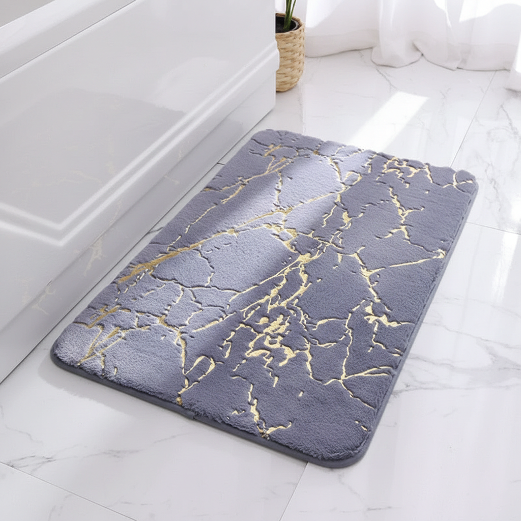Modern Marble Bath Mat with Gold Accents, Non-Slip Absorbent Bathroom Rug