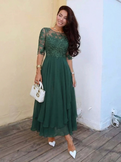 Elegant Lace Midi Dress for Women Three-Quarter Sleeve